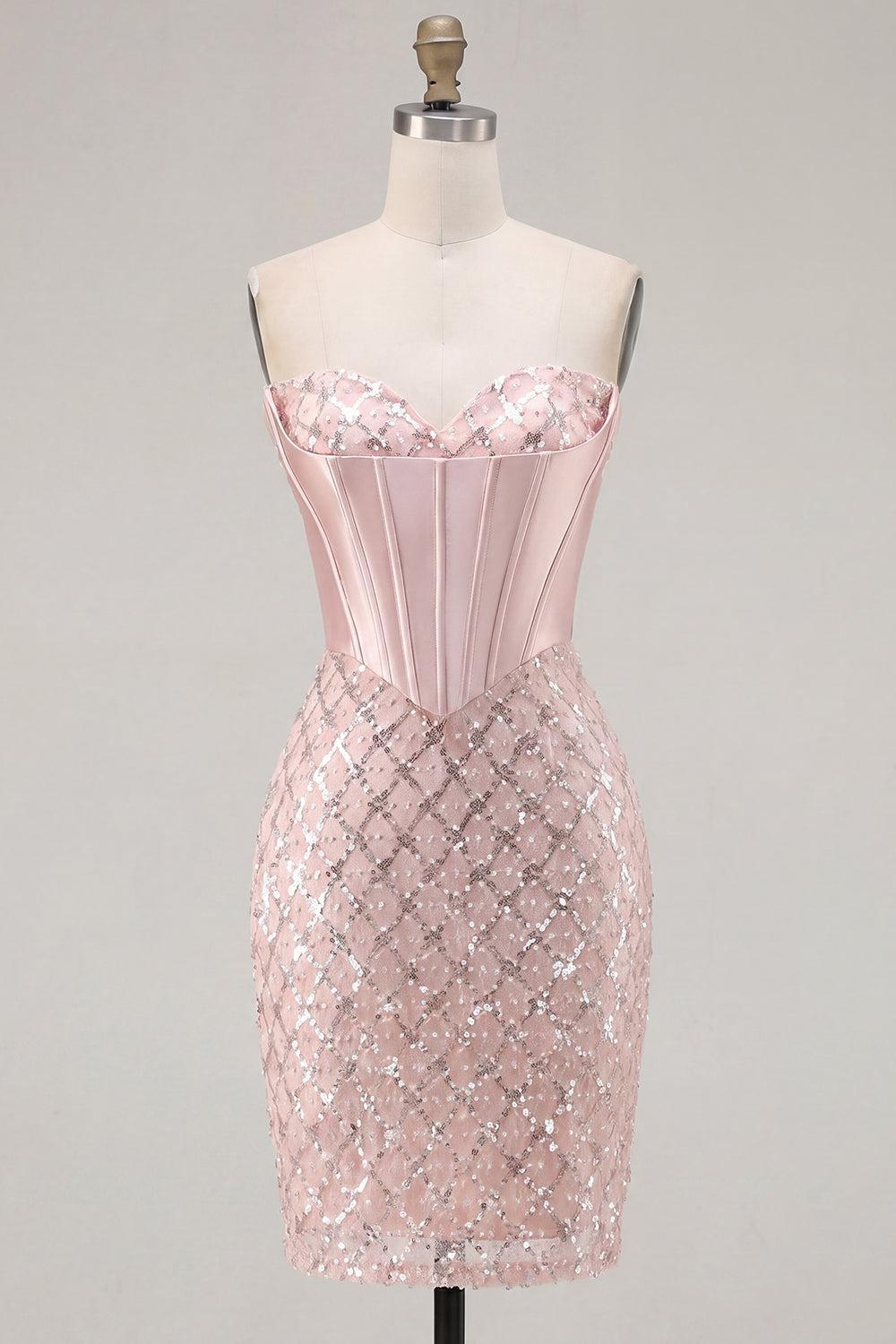 Dressystars Blush Strapless Beaded Corset Tight Short Homecoming Dress