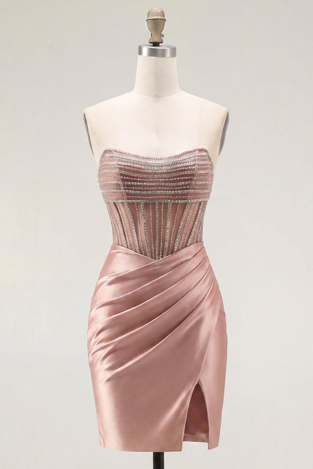 Dressystars Blush Strapless Ruched Corset Tight Short Homecoming Dress with Slit