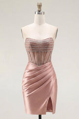 Dressystars Blush Strapless Ruched Corset Tight Short Homecoming Dress with Slit