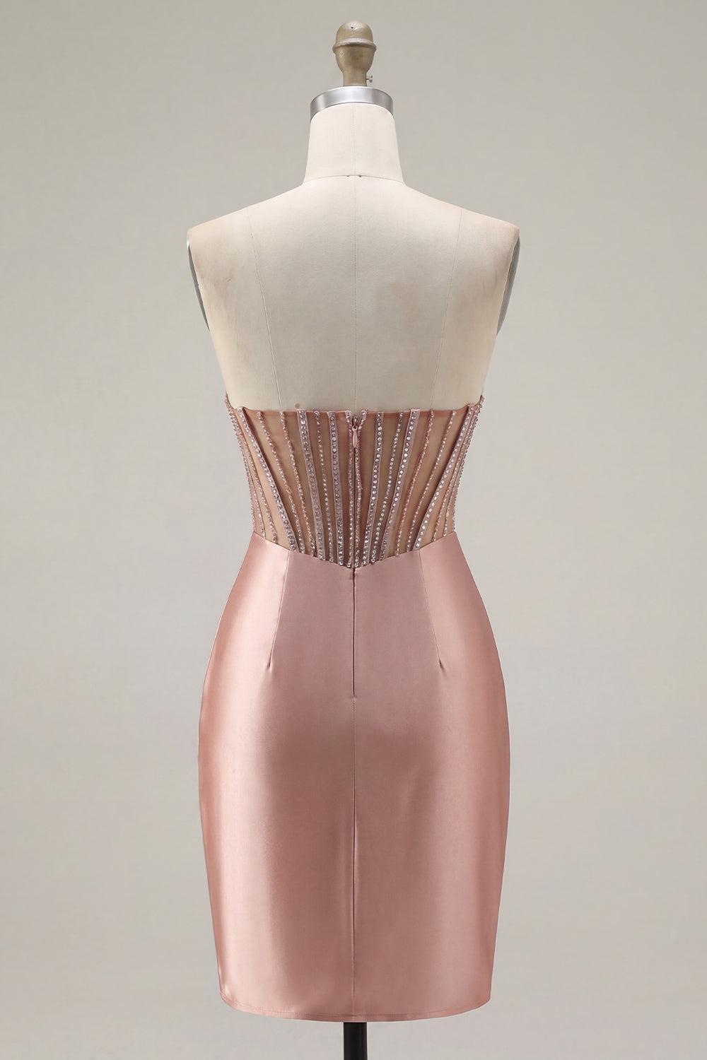 Dressystars Blush Strapless Ruched Corset Tight Short Homecoming Dress with Slit