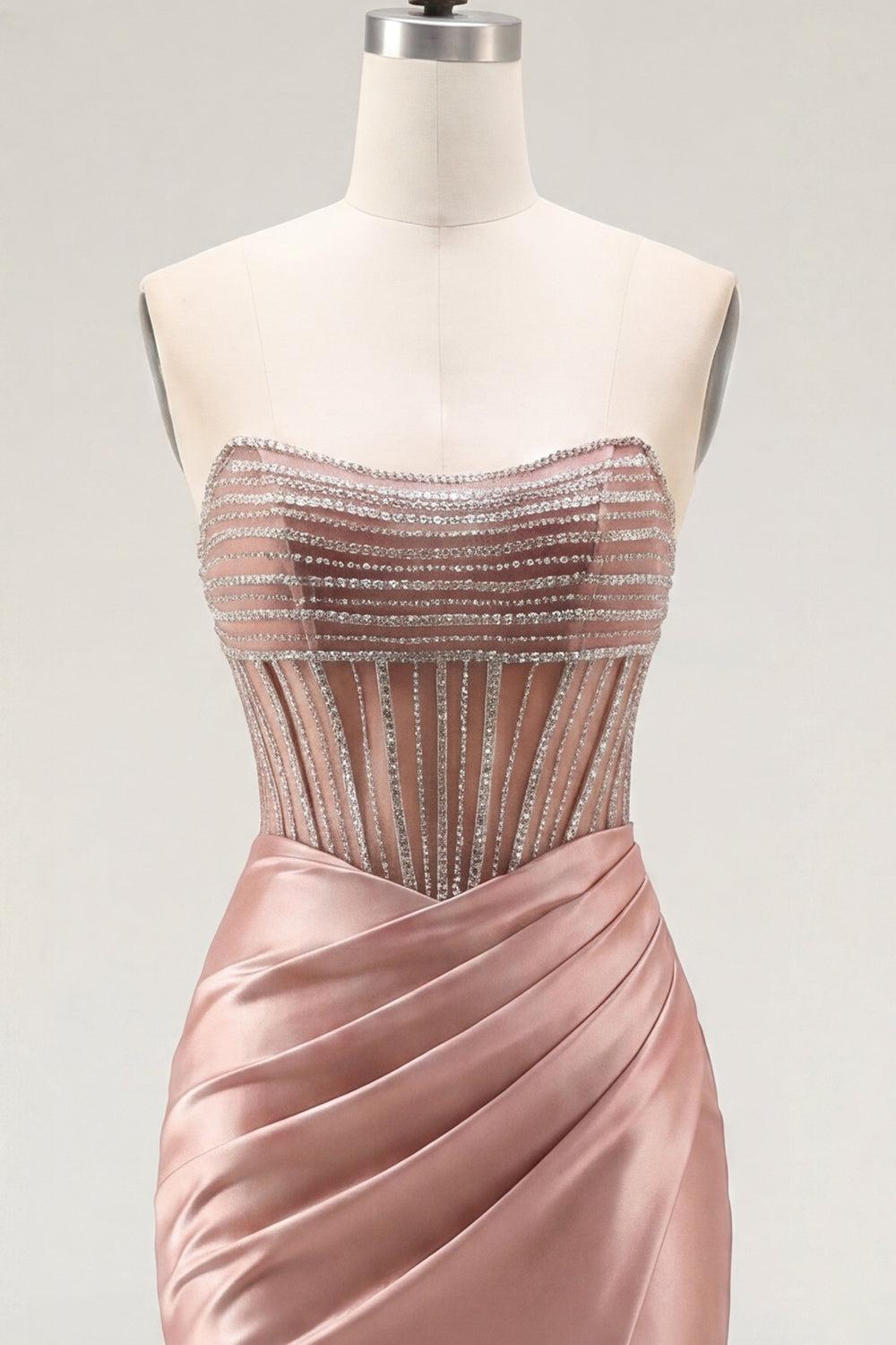 Dressystars Blush Strapless Ruched Corset Tight Short Homecoming Dress with Slit