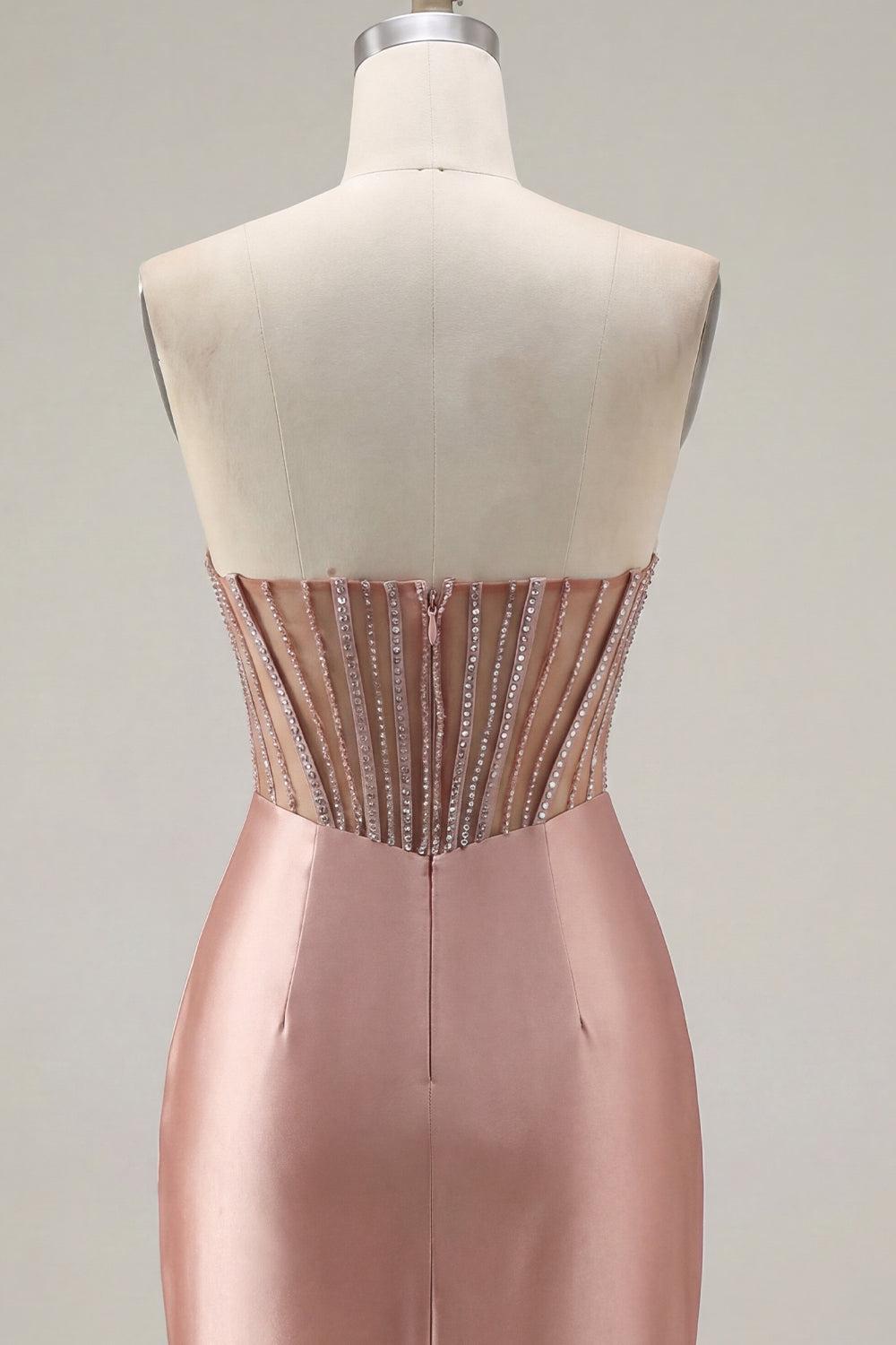 Dressystars Blush Strapless Ruched Corset Tight Short Homecoming Dress with Slit