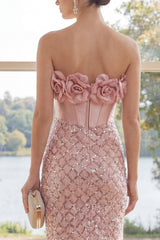 Dressystars Blush Strapless Sequin Corset Short Homecoming Dress with 3D Flowers