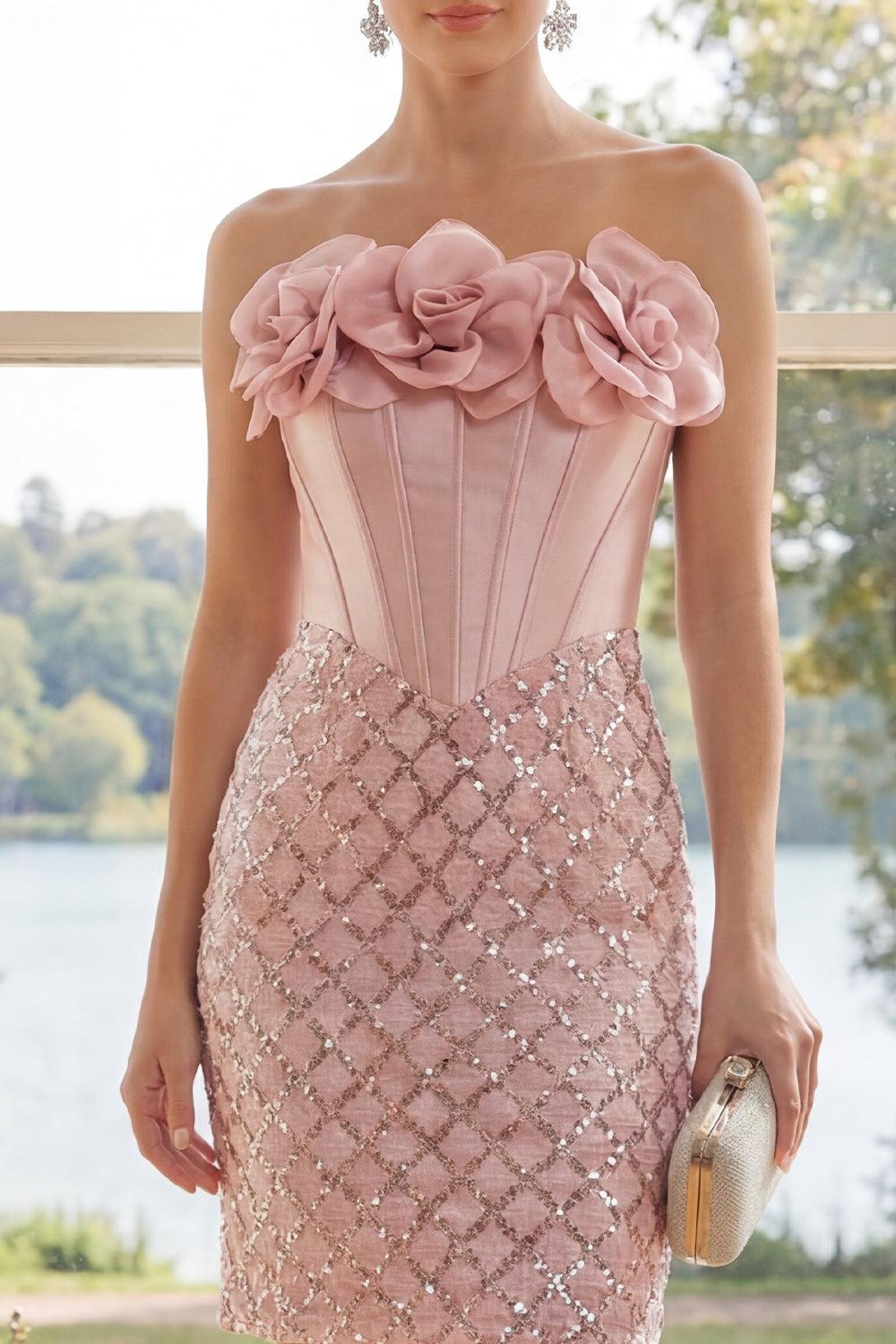 Dressystars Blush Strapless Sequin Corset Short Homecoming Dress with 3D Flowers
