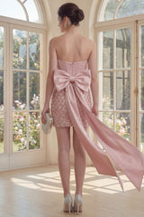 Dressystars Blush Strapless Sequin Corset Tight Short Homecoming Dress with Bow