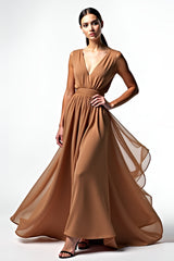 Dressystars Brown A Line Deep V-Neck Long Chiffon Gala Dress