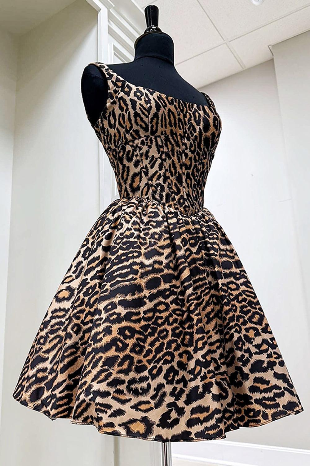Dressystars Brown Leopard Print Spaghetti Straps A-Line Short Homecoming Dress