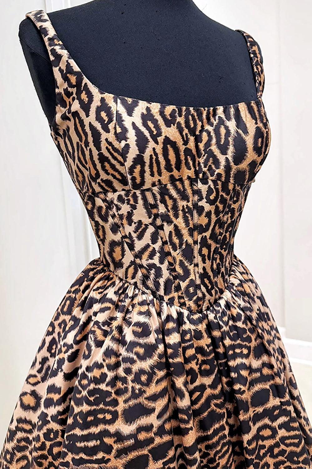 Dressystars Brown Leopard Print Spaghetti Straps A-Line Short Homecoming Dress