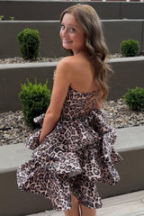 Dressystars Brown Leopard Strapless Tiered Print Corset Short Homecoming Dress with Beading