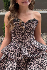 Dressystars Brown Leopard Strapless Tiered Print Corset Short Homecoming Dress with Beading