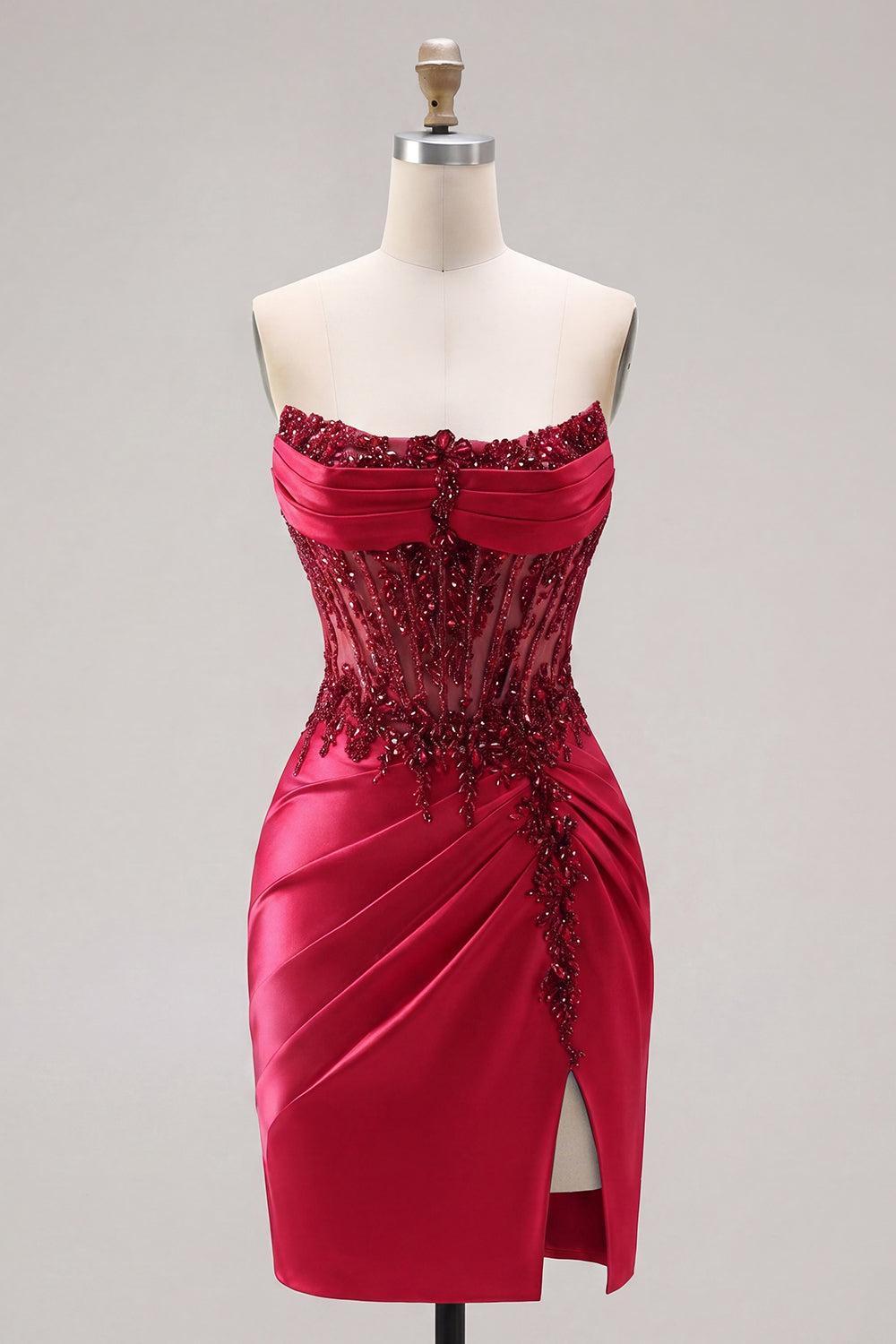 Dressystars Burgundy Beaded Ruched Corset Tight Short Homecoming Dress with Slit