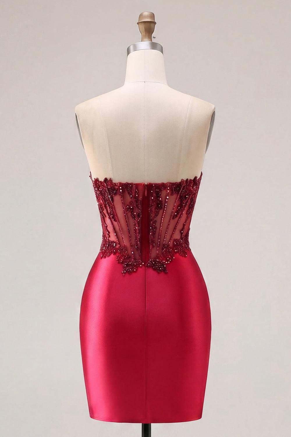 Dressystars Burgundy Beaded Ruched Corset Tight Short Homecoming Dress with Slit