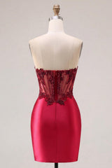 Dressystars Burgundy Beaded Ruched Corset Tight Short Homecoming Dress with Slit