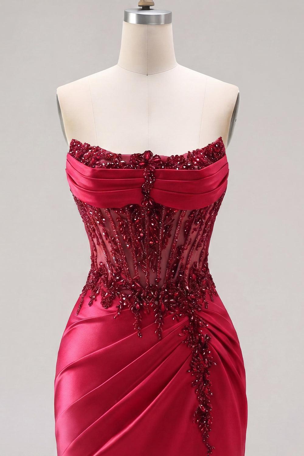Dressystars Burgundy Beaded Ruched Corset Tight Short Homecoming Dress with Slit