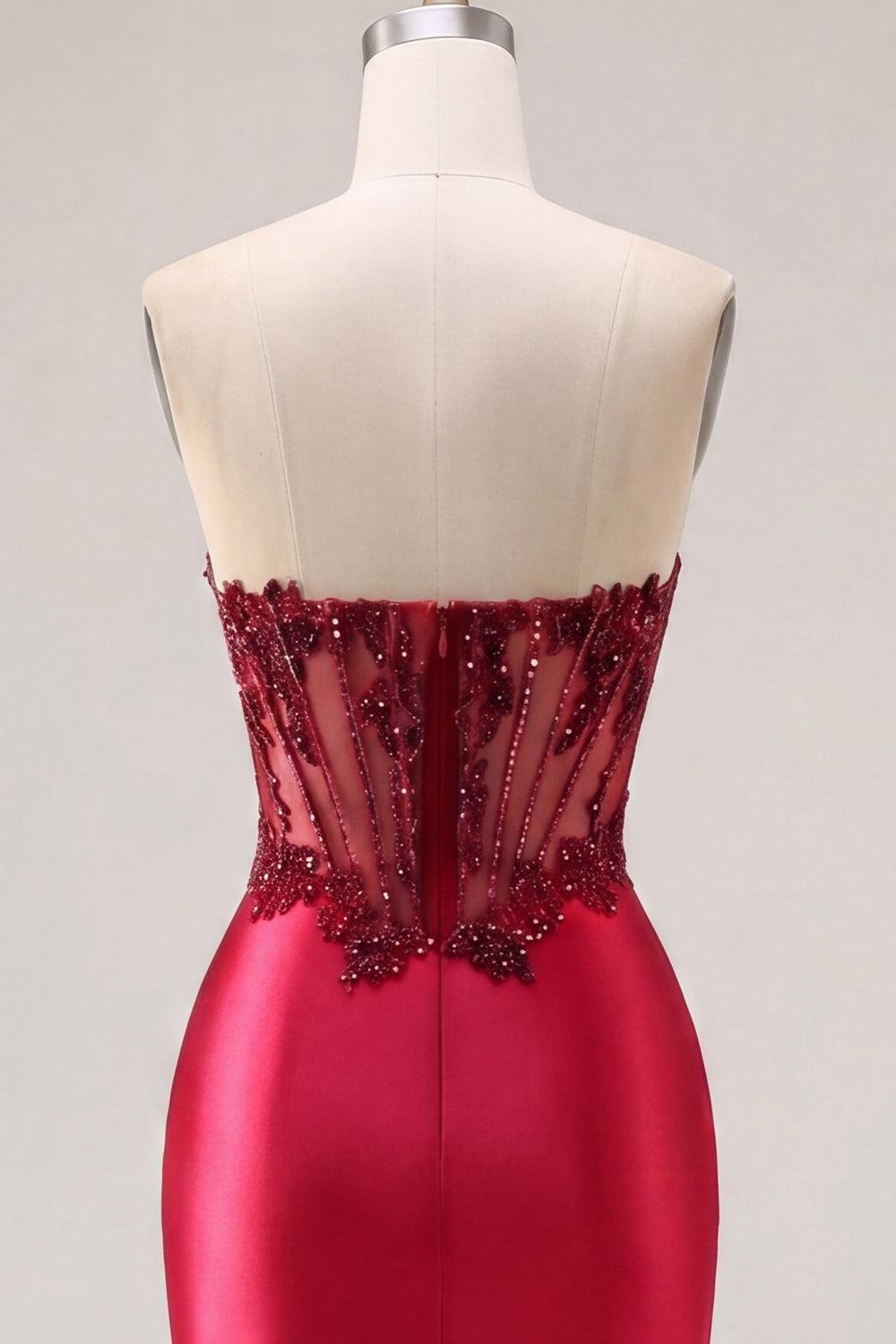 Dressystars Burgundy Beaded Ruched Corset Tight Short Homecoming Dress with Slit