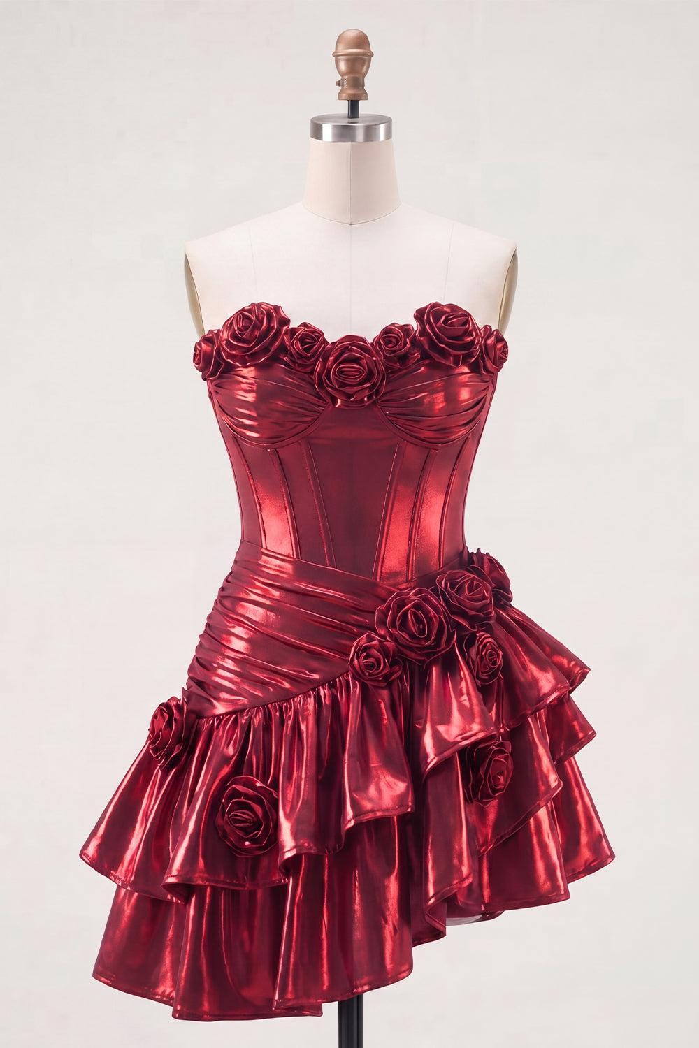 Dressystars Burgundy Glitter Metallic A-Line Corset Short Homecoming Dress with Ruffles & 3D Flowers