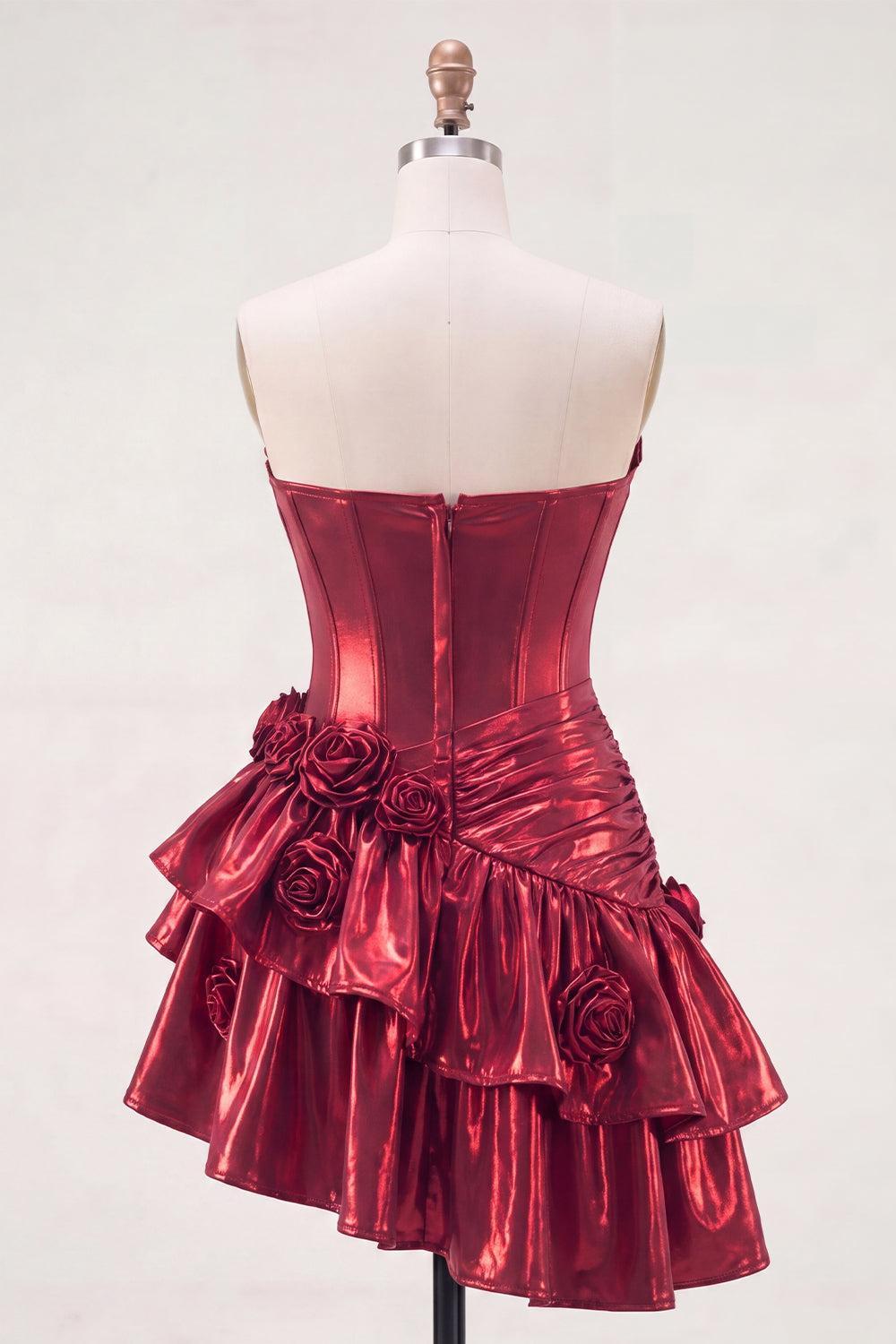 Dressystars Burgundy Glitter Metallic A-Line Corset Short Homecoming Dress with Ruffles & 3D Flowers