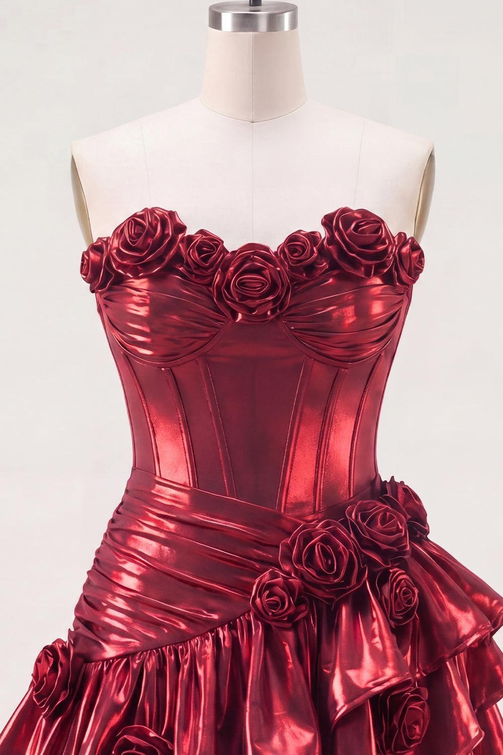 Dressystars Burgundy Glitter Metallic A-Line Corset Short Homecoming Dress with Ruffles & 3D Flowers