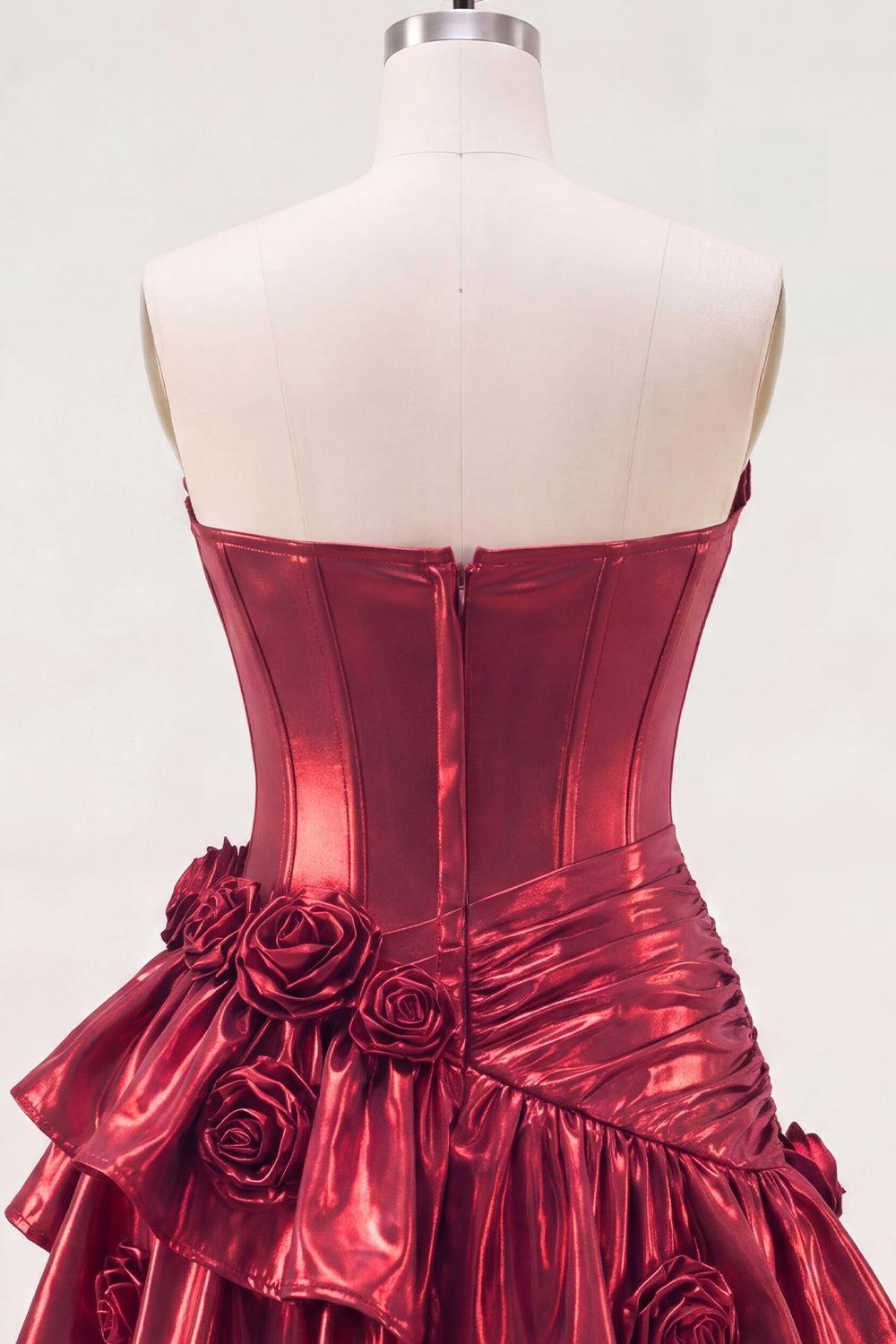 Dressystars Burgundy Glitter Metallic A-Line Corset Short Homecoming Dress with Ruffles & 3D Flowers