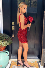 Dressystars Burgundy Homecoming Dress Sequin One Shoulder Tight Short Prom Dress