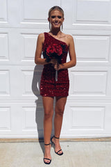 Dressystars Burgundy Homecoming Dress Sequin One Shoulder Tight Short Prom Dress