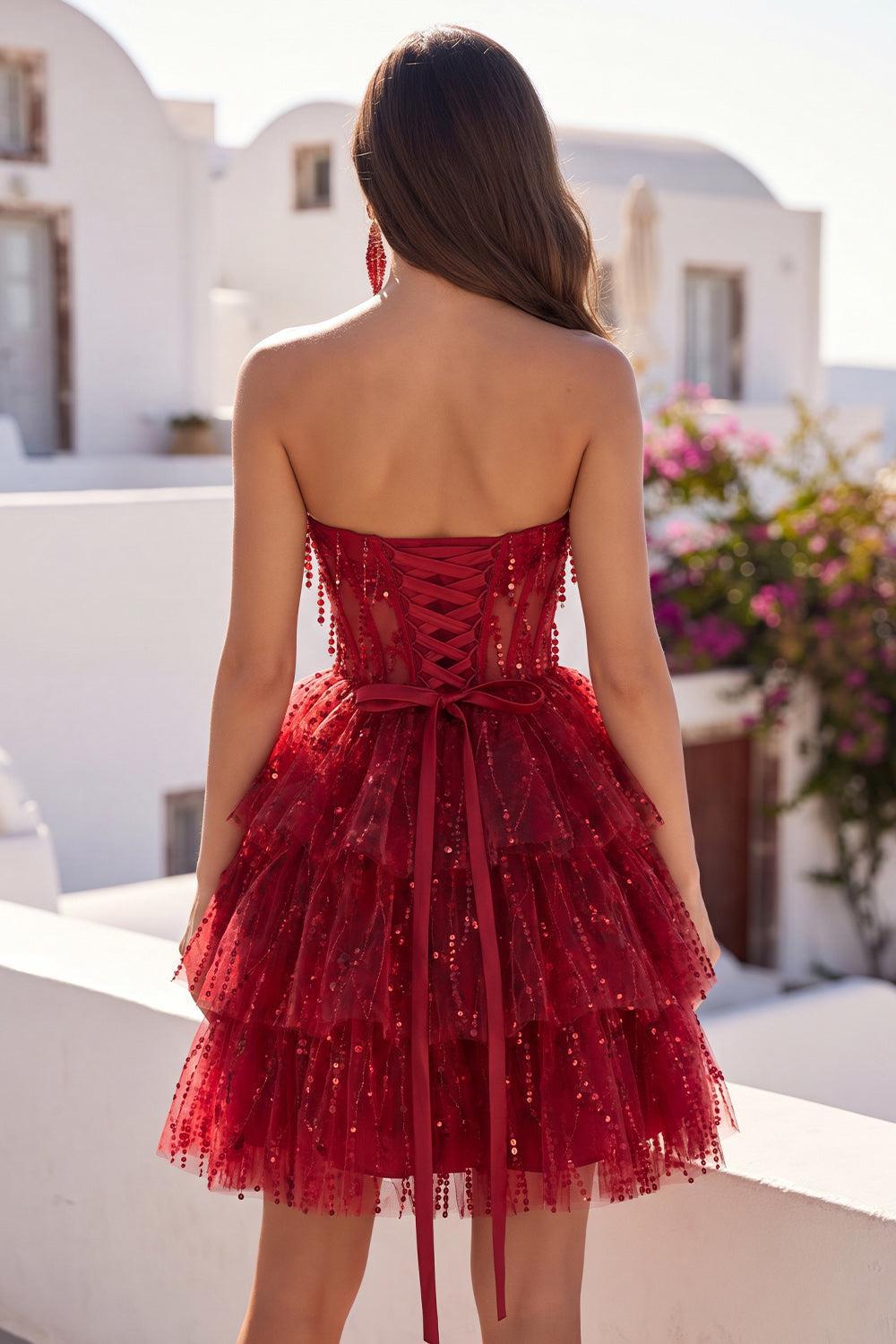 Dressystars Burgundy Strapless Beaded A-Line Corset Short Homecoming Dress