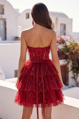 Dressystars Burgundy Strapless Beaded A-Line Corset Short Homecoming Dress