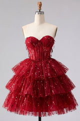 Dressystars Burgundy Strapless Beaded A-Line Corset Short Homecoming Dress