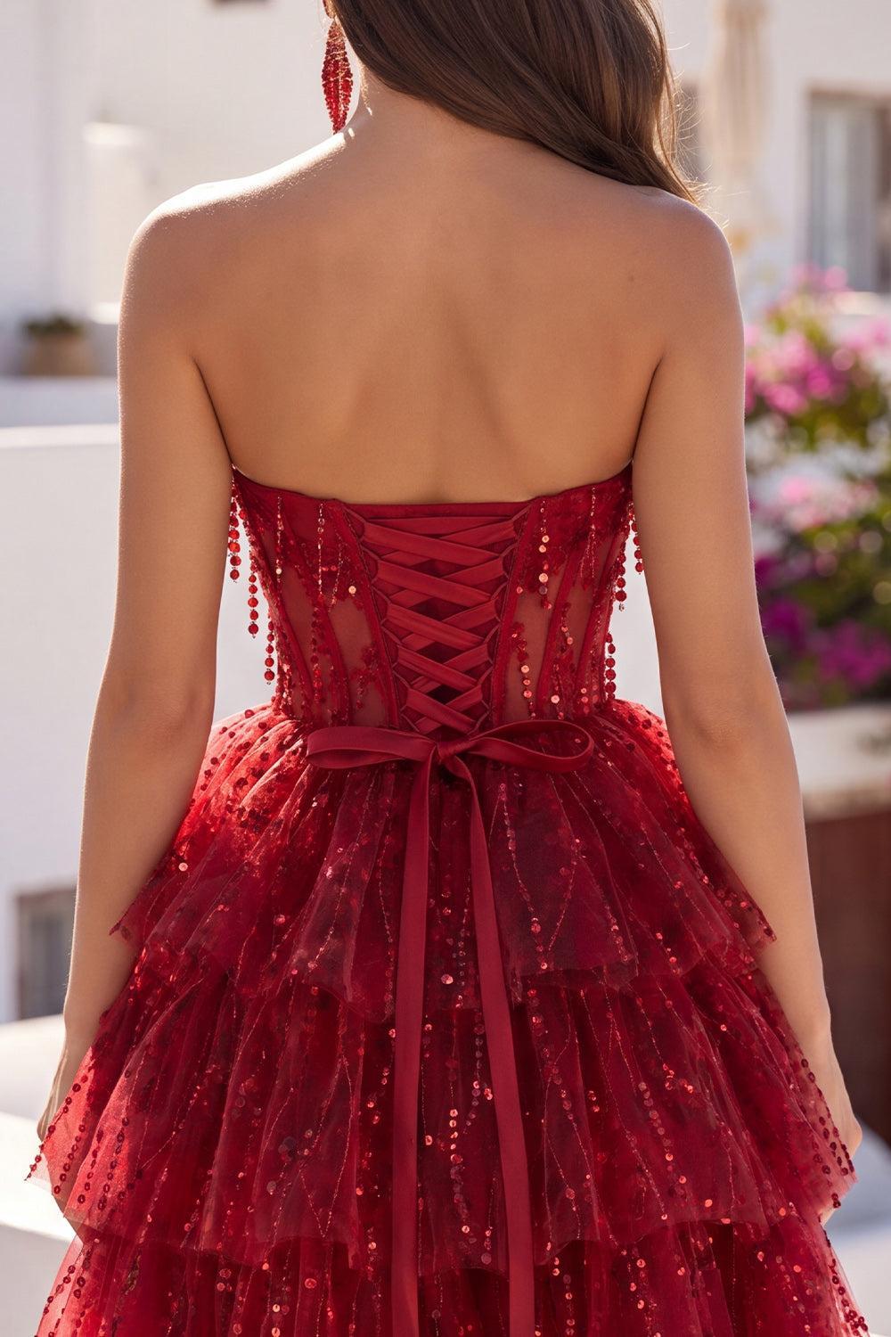 Dressystars Burgundy Strapless Beaded A-Line Corset Short Homecoming Dress
