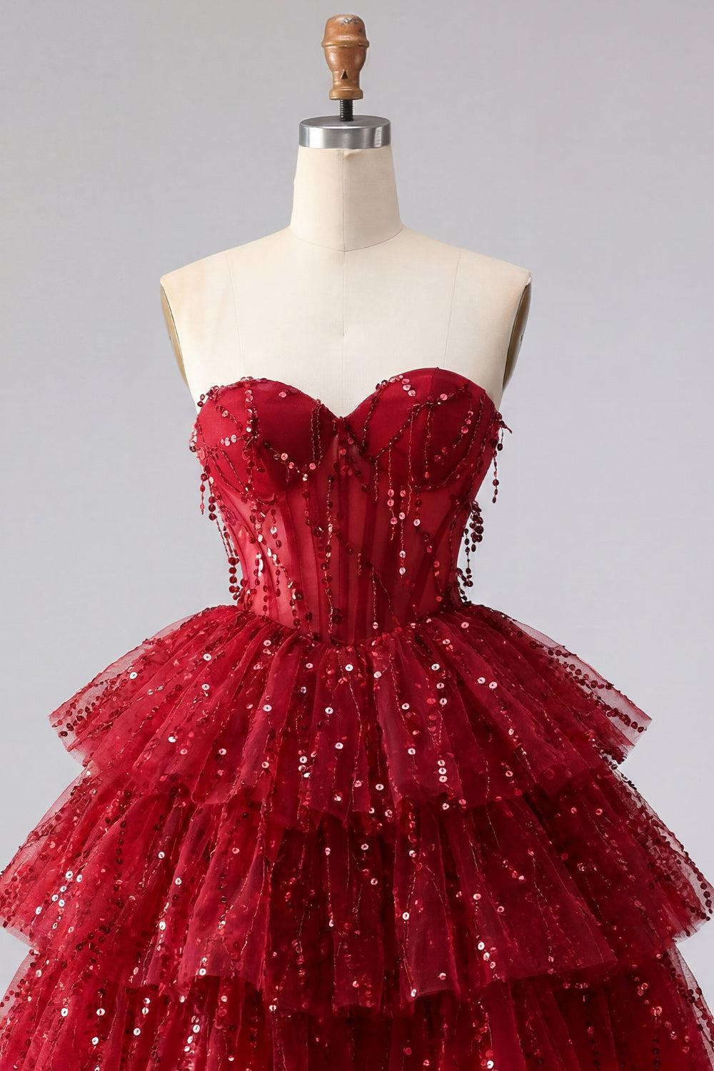 Dressystars Burgundy Strapless Beaded A-Line Corset Short Homecoming Dress