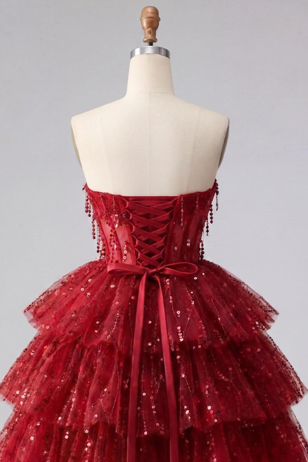 Dressystars Burgundy Strapless Beaded A-Line Corset Short Homecoming Dress
