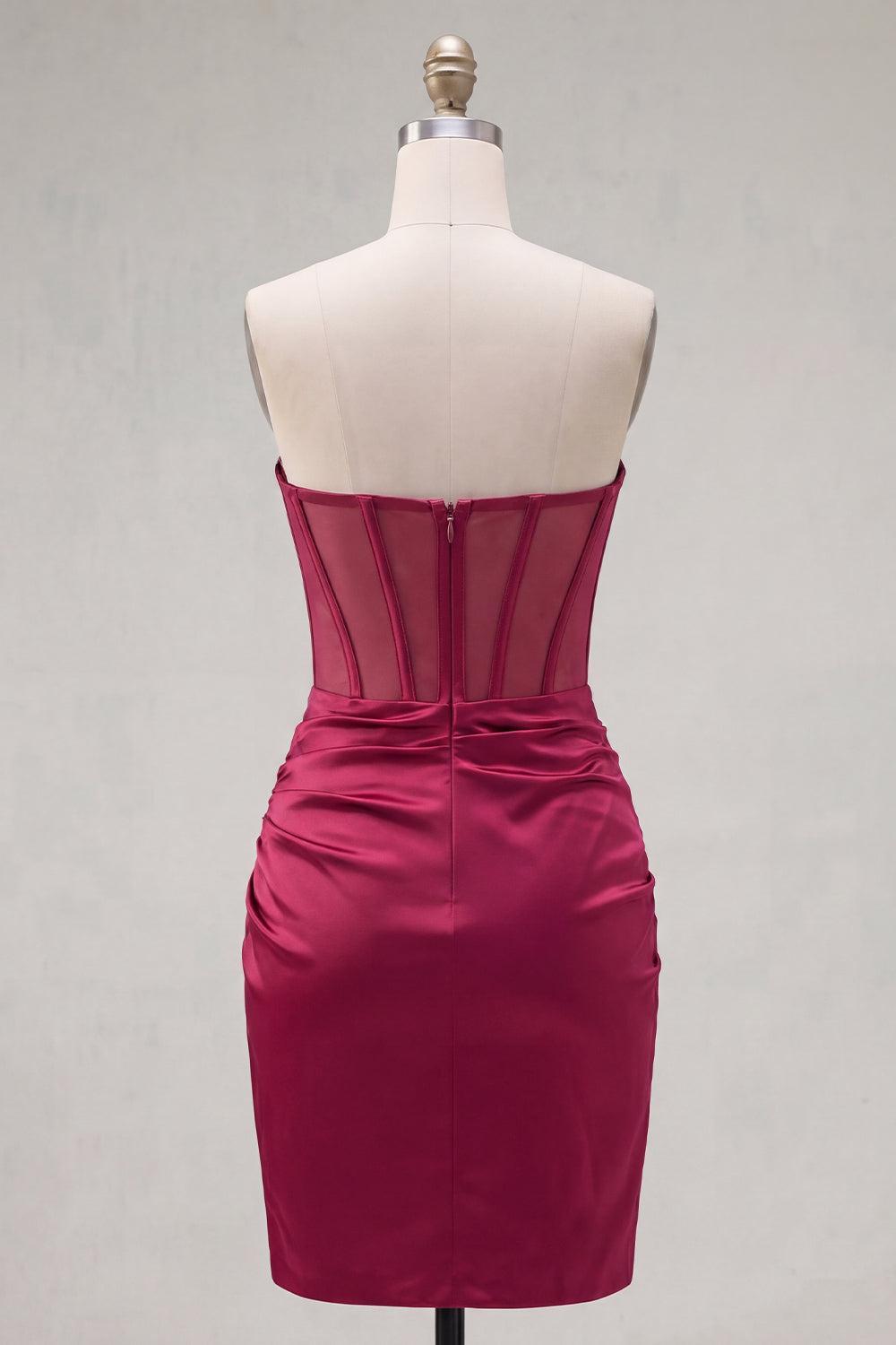 Dressystars Burgundy Strapless Beaded Ruched Corset Tight Short Homecoming Dress