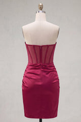 Dressystars Burgundy Strapless Beaded Ruched Corset Tight Short Homecoming Dress