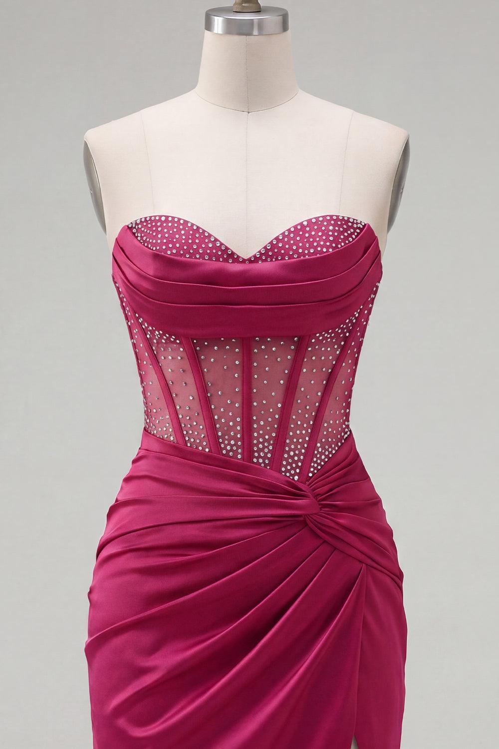 Dressystars Burgundy Strapless Beaded Ruched Corset Tight Short Homecoming Dress