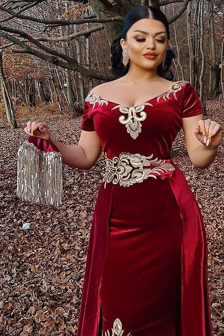 Dressystars Burgundy Velvet Christmas Party Dress Appliques Short Sleeve Formal Dress