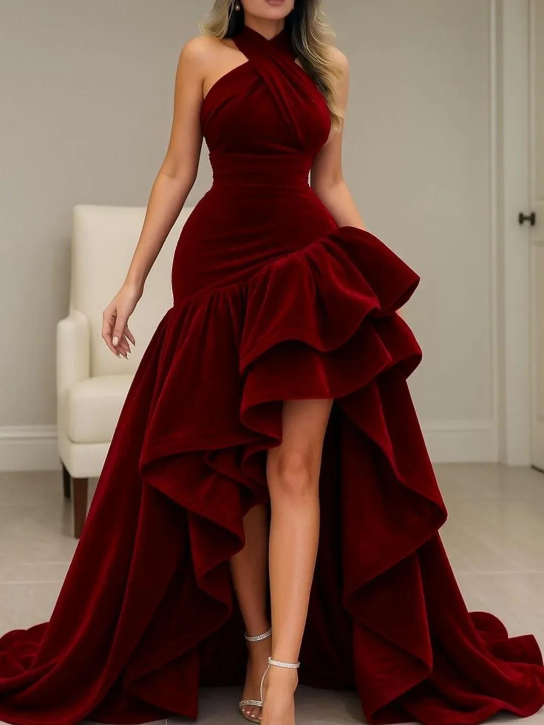 Dressystars Burgundy Velvet Dress High Low Halter Neck Ruffled Formal Evening Dress