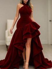 Dressystars Burgundy Velvet Dress High Low Halter Neck Ruffled Formal Evening Dress