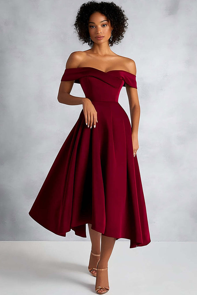 Dressystars Women Burgundy Wedding Guest Dress A Line Ruched Knee-Length Formal Dress