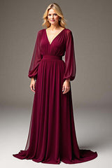 Dressystars Burgundy Wedding Guest Dress Chiffon V-Neck Ruched Long Formal Dress