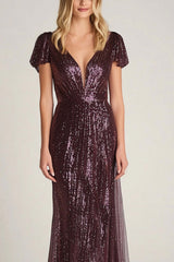 Dressystars Burgundy Wedding Guest Dress Long Sheath Ankle Neck Formal Dress With Cap Sleeves