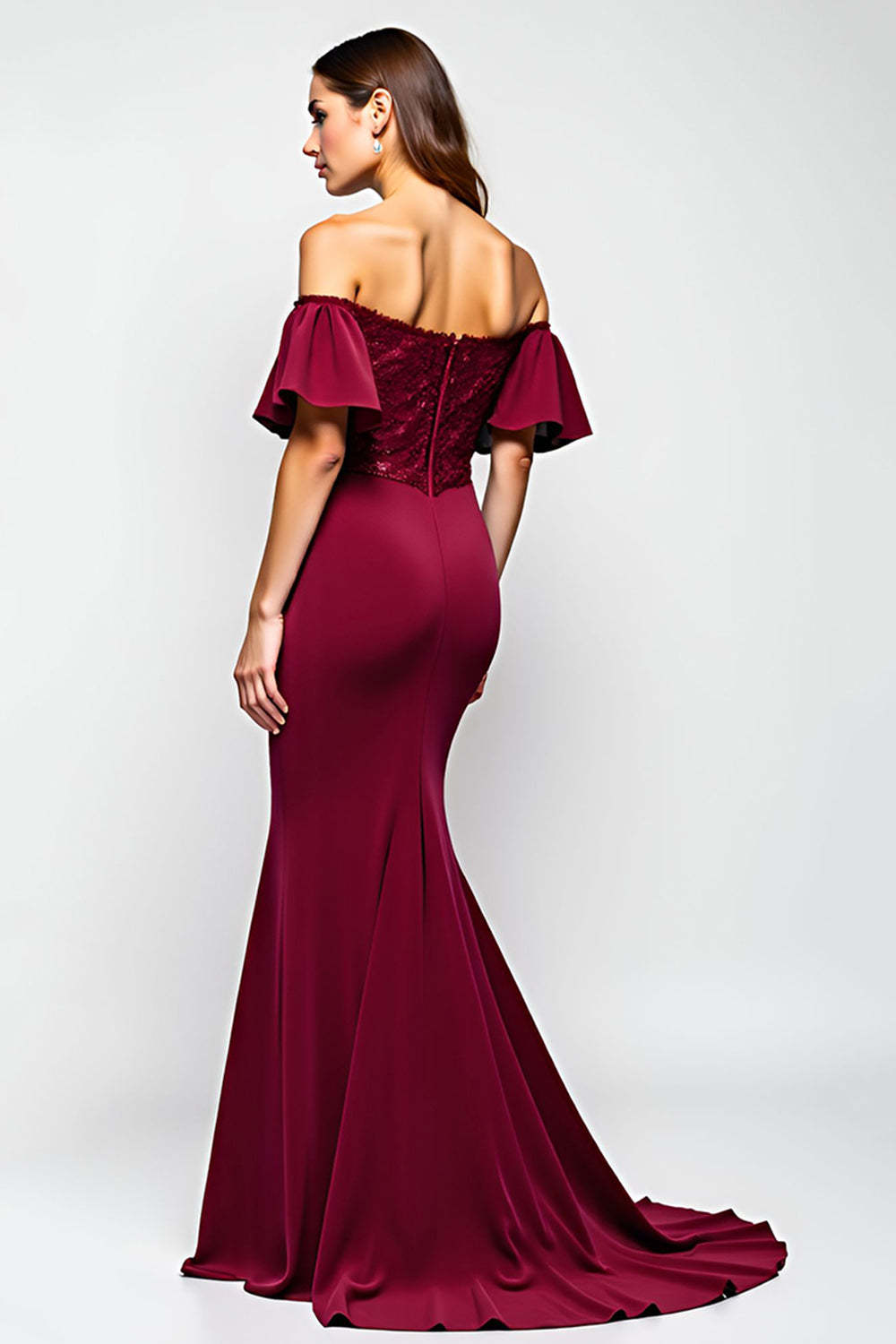Dressystars Burgundy Wedding Guest Dress Mermaid Off The Shoulder Long Formal Dress With Ruffles