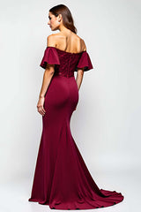 Dressystars Burgundy Wedding Guest Dress Mermaid Off The Shoulder Long Formal Dress With Ruffles