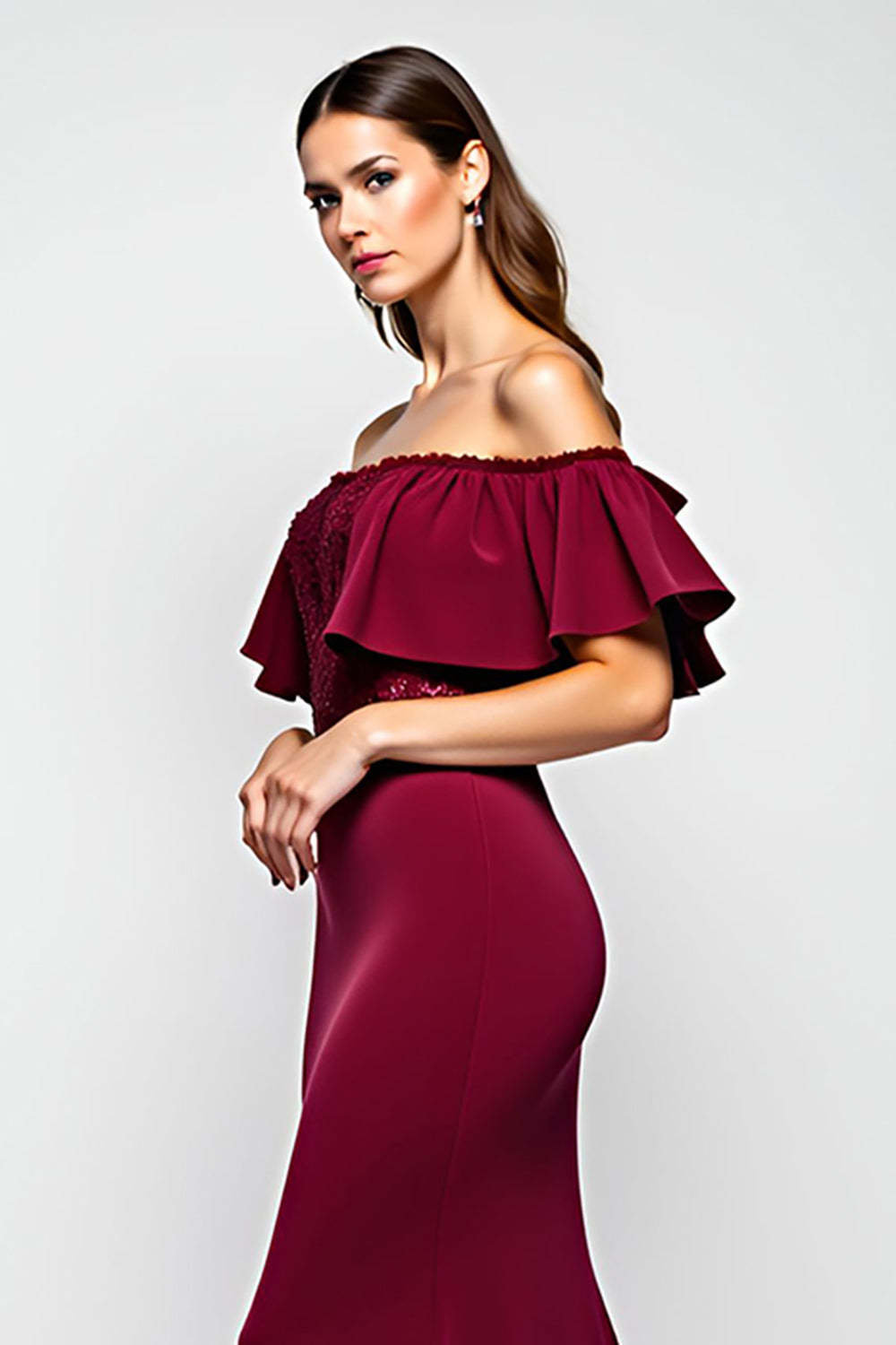 Dressystars Burgundy Wedding Guest Dress Mermaid Off The Shoulder Long Formal Dress With Ruffles