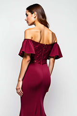 Dressystars Burgundy Wedding Guest Dress Mermaid Off The Shoulder Long Formal Dress With Ruffles