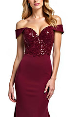 Dressystars Burgundy Wedding Guest Dress Mermaid Off The Shoulder Long Formal Dress With Sequins