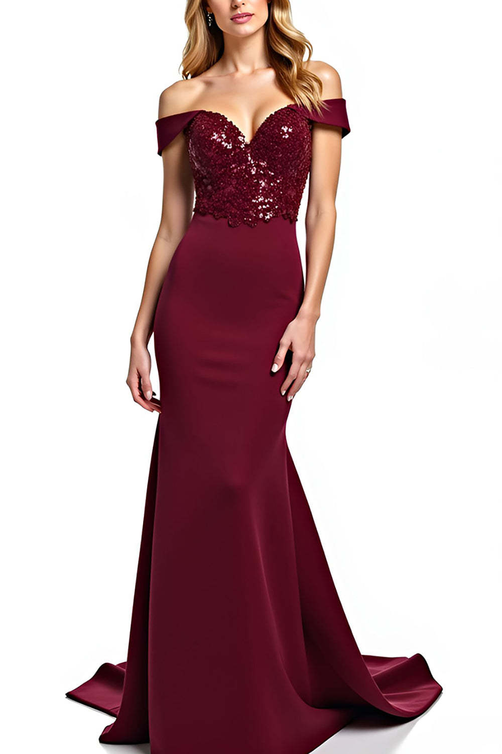 Dressystars Burgundy Wedding Guest Dress Mermaid Off The Shoulder Long Formal Dress With Sequins