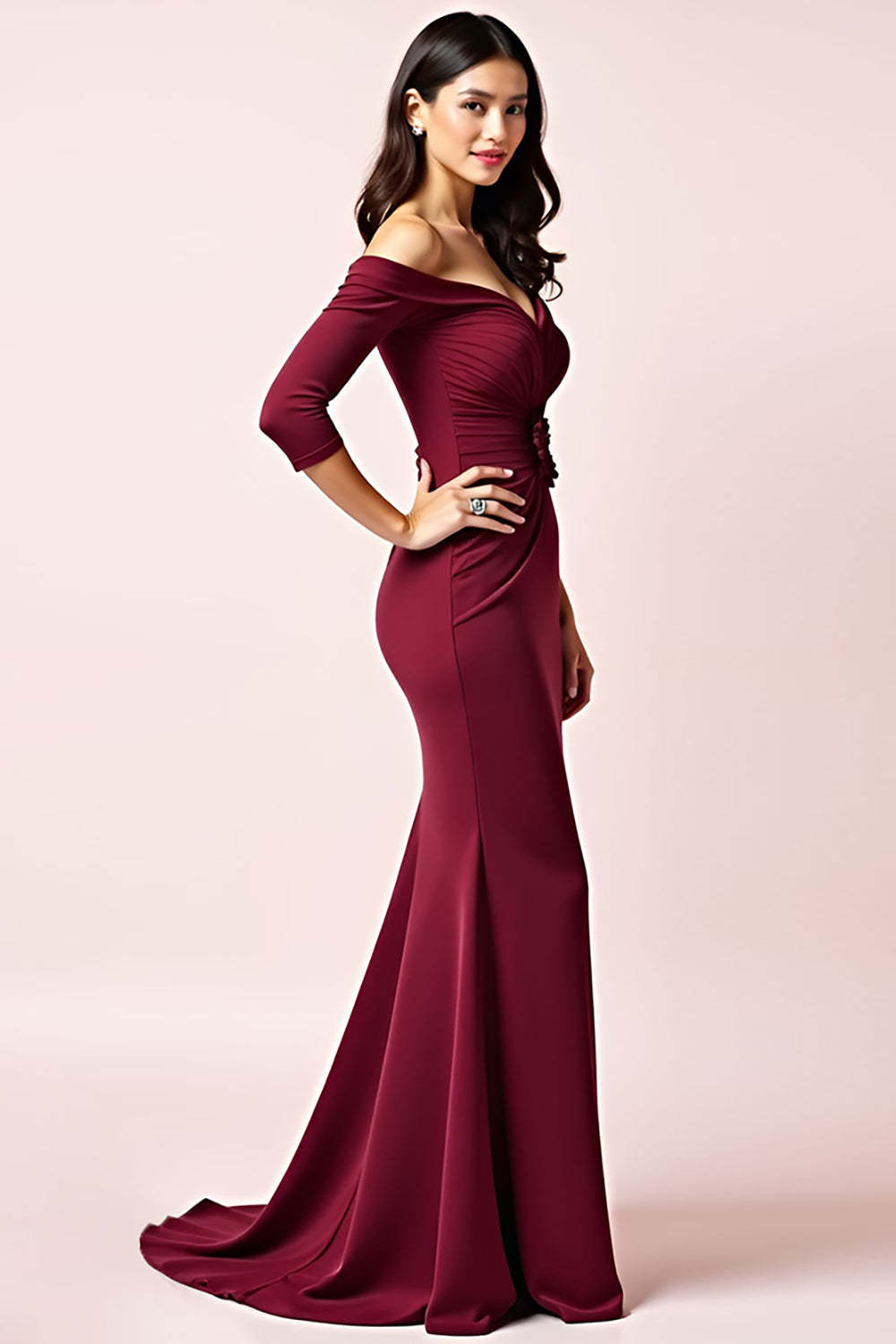 Dressystars Burgundy Wedding Guest Dress Off The Shoulder Long Sleeves Ruched Formal Dress