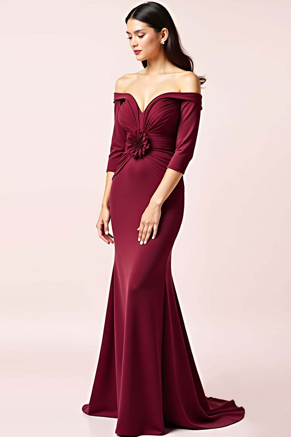 Dressystars Burgundy Wedding Guest Dress Off The Shoulder Long Sleeves Ruched Formal Dress