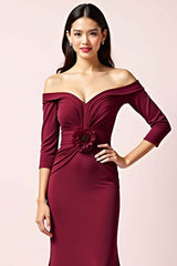 Dressystars Burgundy Wedding Guest Dress Off The Shoulder Long Sleeves Ruched Formal Dress