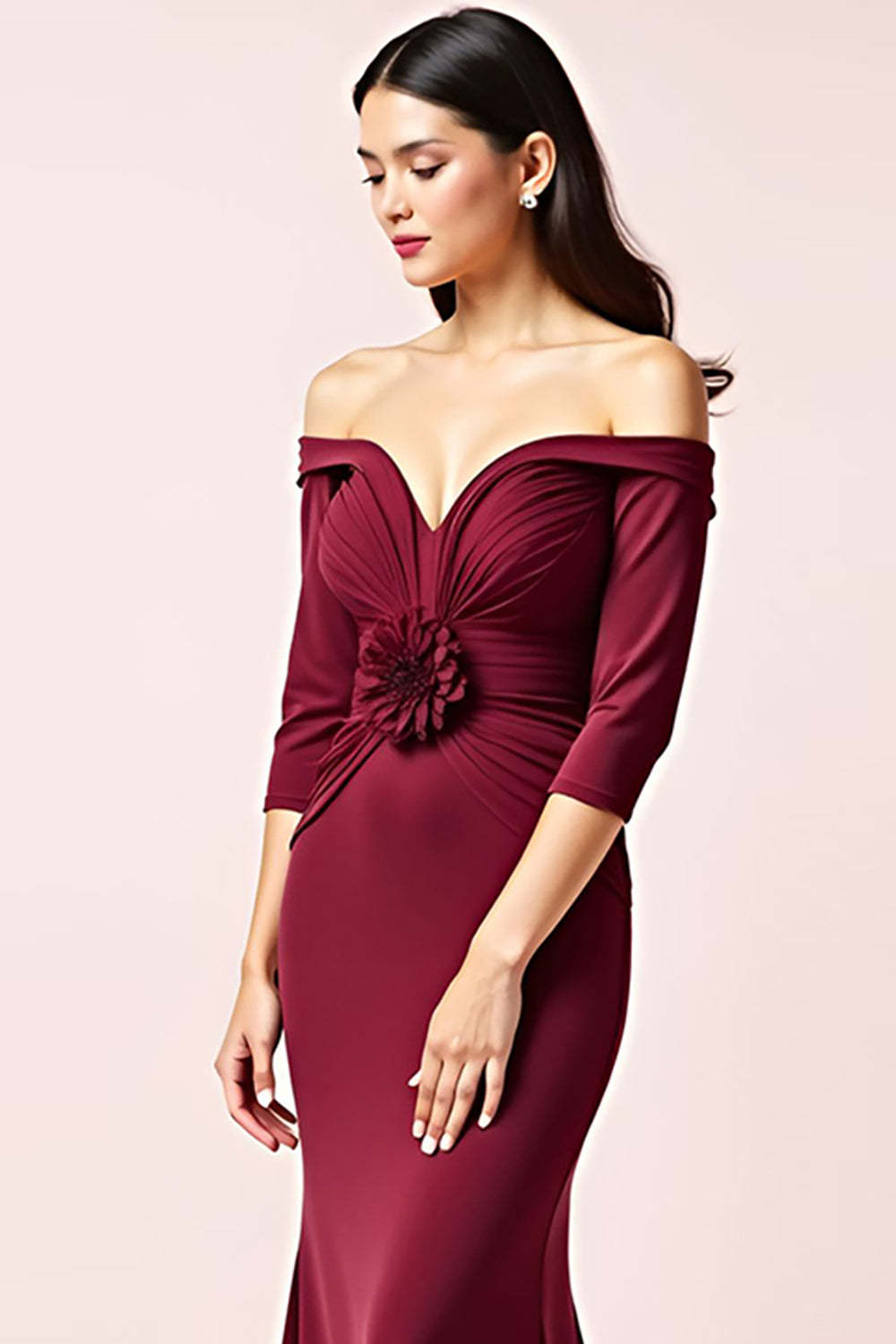 Dressystars Burgundy Wedding Guest Dress Off The Shoulder Long Sleeves Ruched Formal Dress
